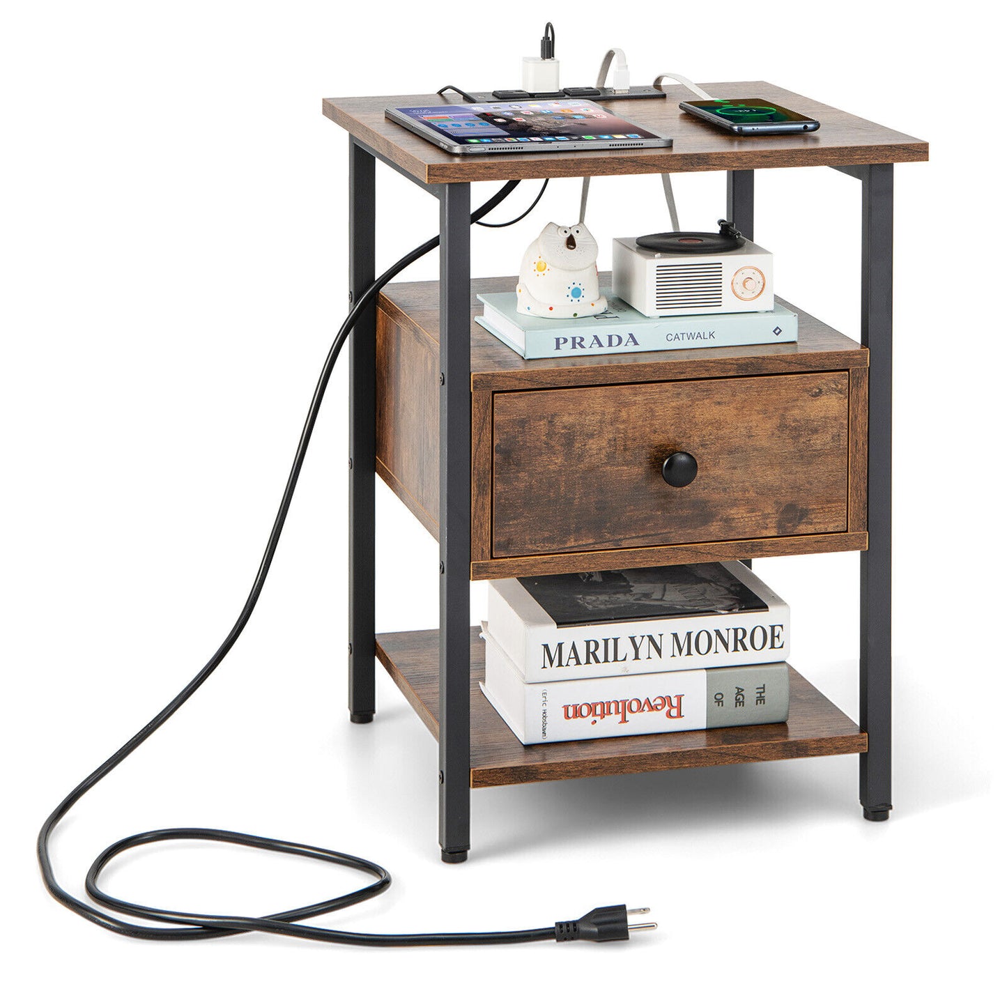 Modern 3-Tier Nightstands with Drawer and Built-in Charging Station