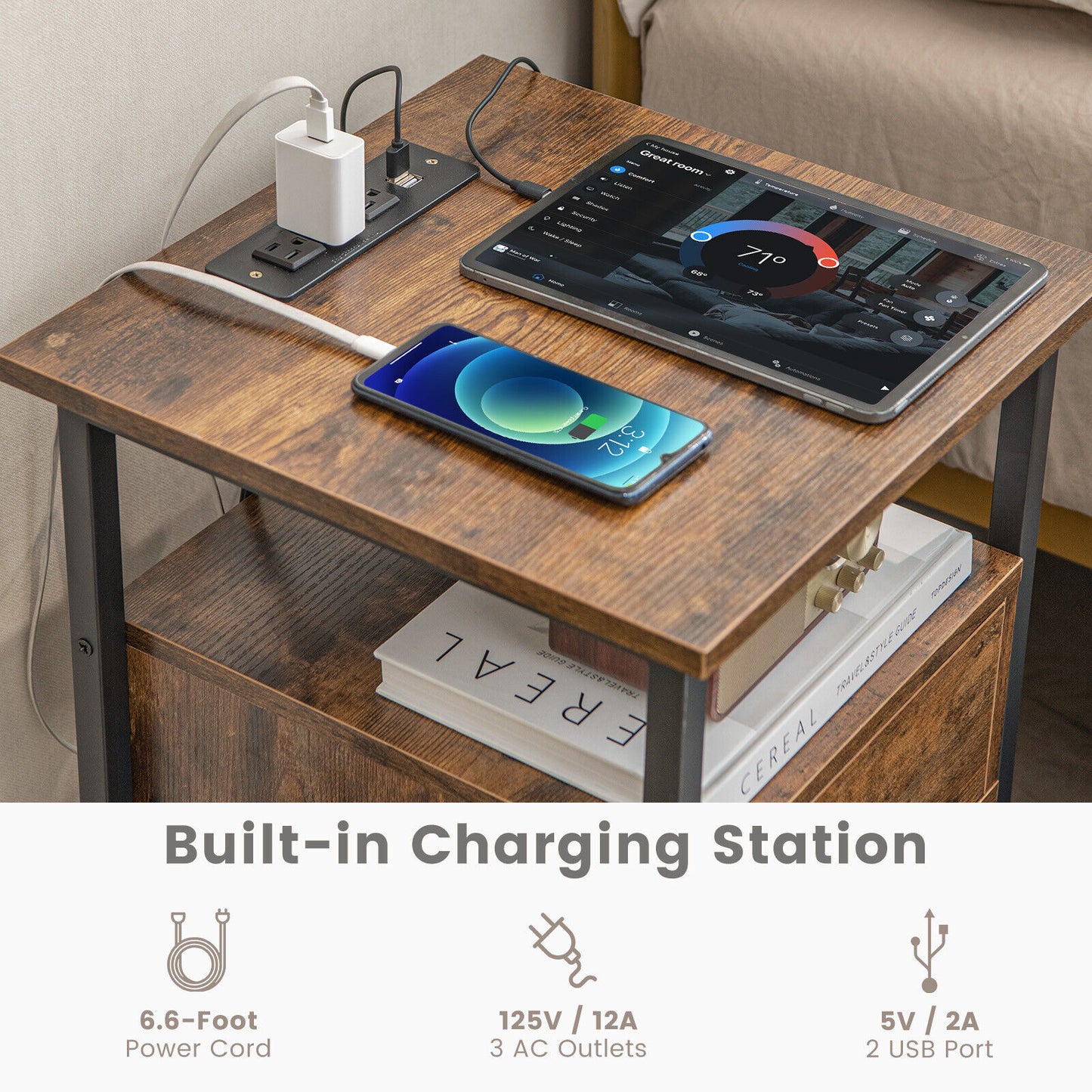 Modern 3-Tier Nightstands with Drawer and Built-in Charging Station