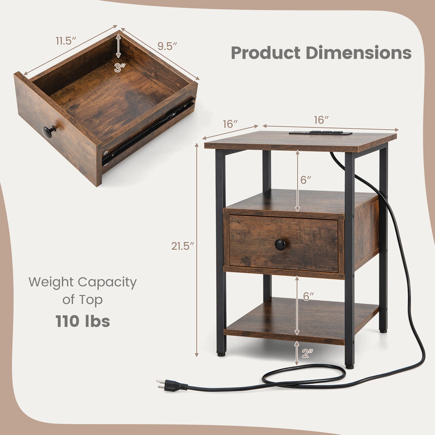 Modern 3-Tier Nightstands with Drawer and Built-in Charging Station