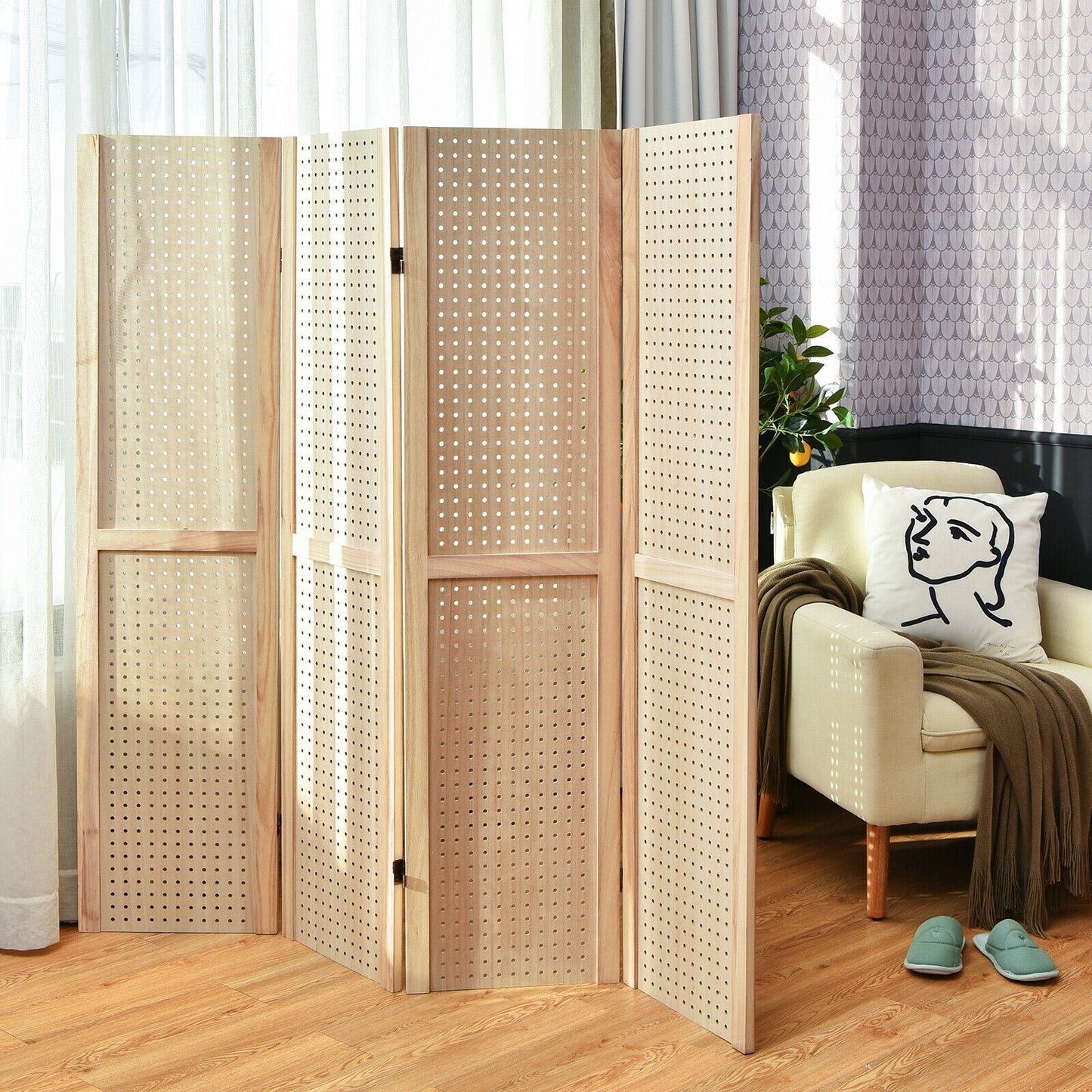 4 Panel 5 Foot Folding Pegboard Display Room Divider - Natural
