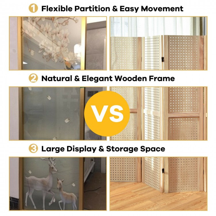 4 Panel 5 Foot Folding Pegboard Display Room Divider - Natural