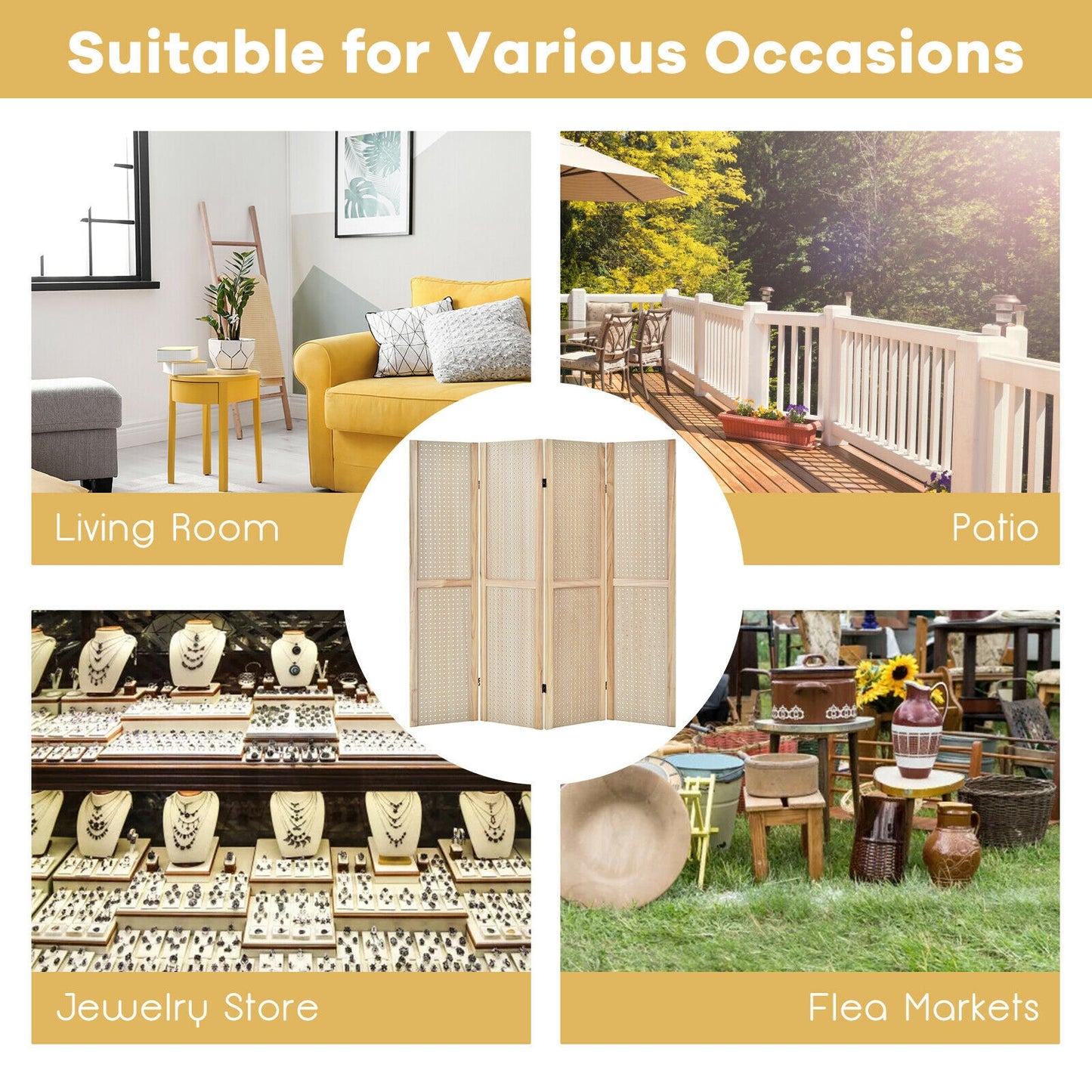 4 Panel 5 Foot Folding Pegboard Display Room Divider - Natural