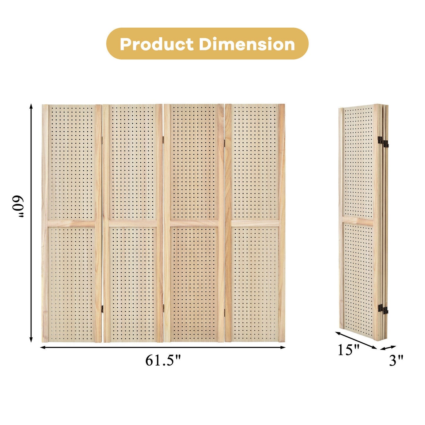 4 Panel 5 Foot Folding Pegboard Display Room Divider - Natural