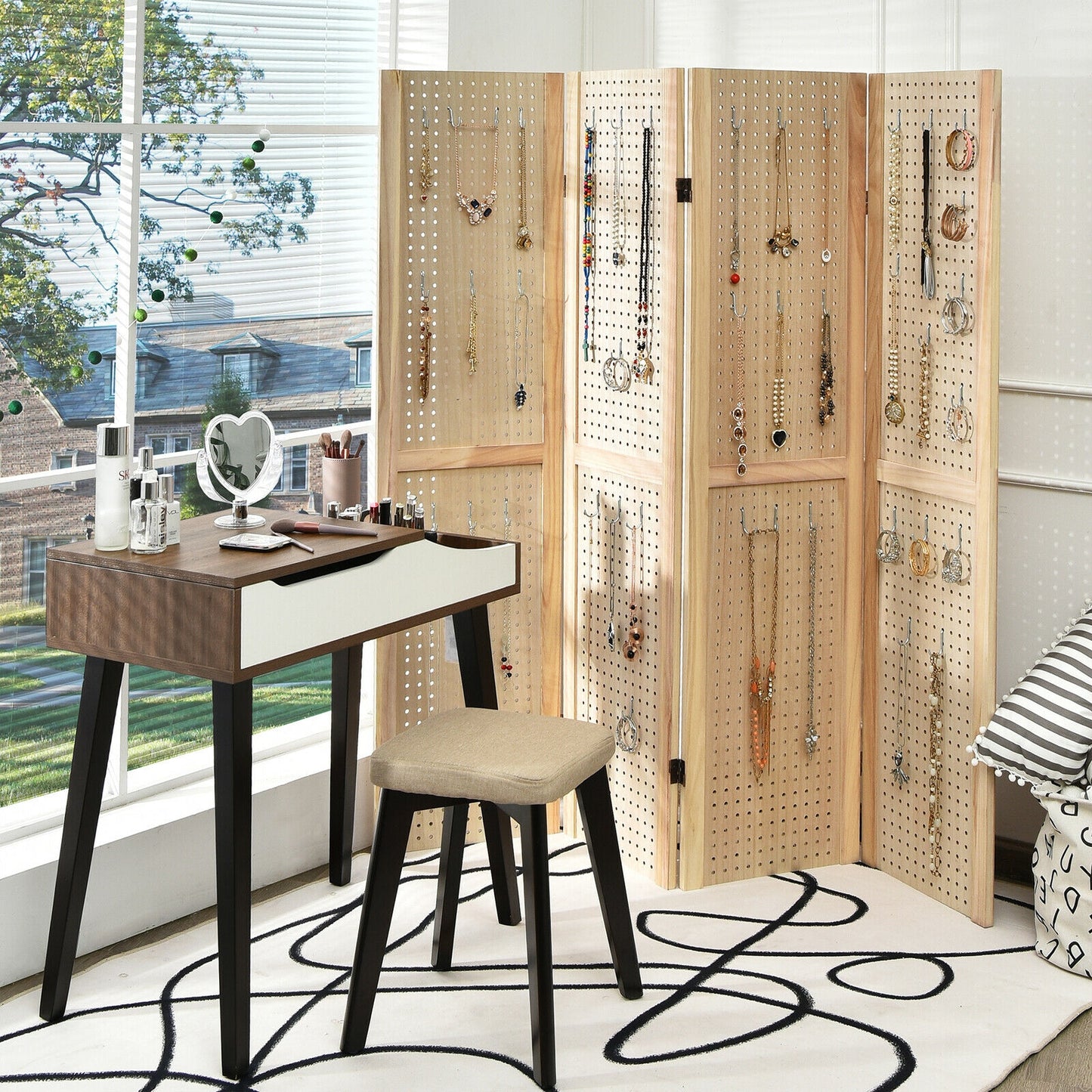 4 Panel 5 Foot Folding Pegboard Display Room Divider - Natural