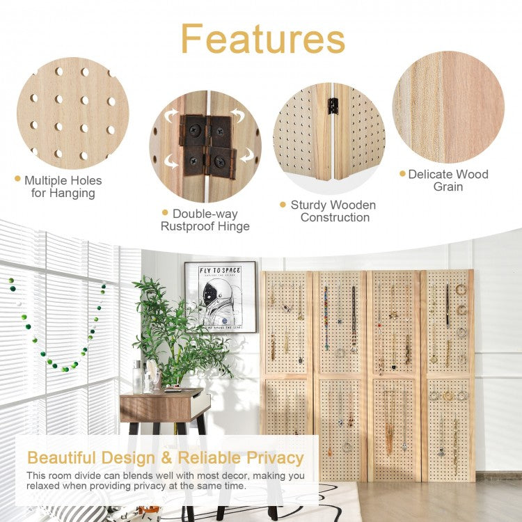 4 Panel 5 Foot Folding Pegboard Display Room Divider - Natural