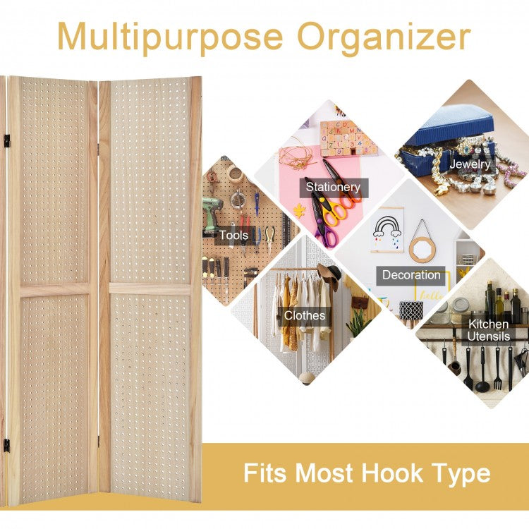 4 Panel 5 Foot Folding Pegboard Display Room Divider - Natural