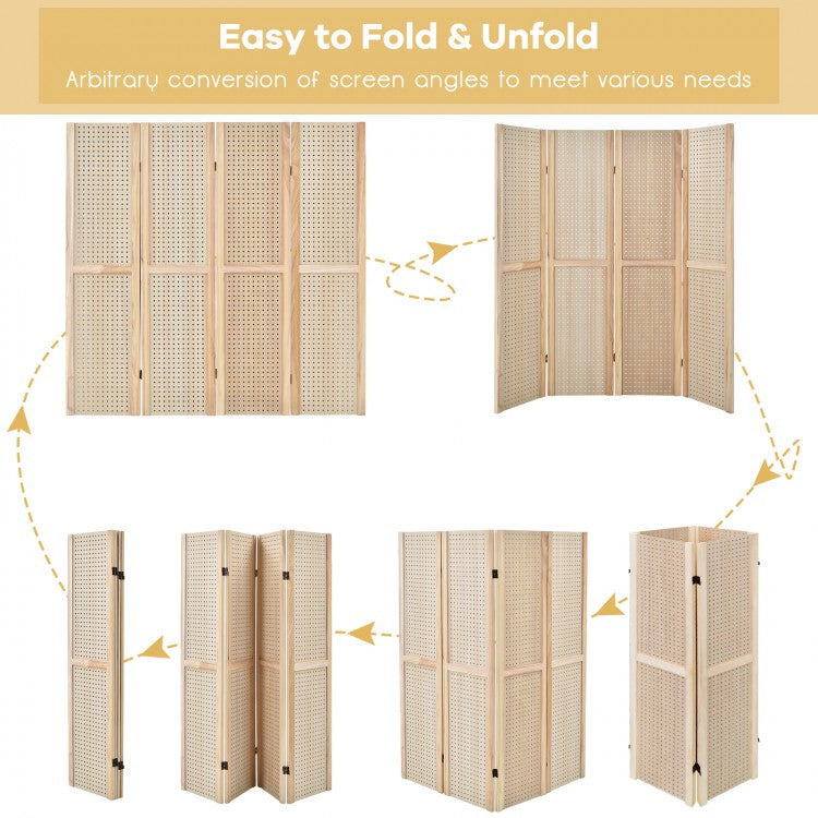 4 Panel 5 Foot Folding Pegboard Display Room Divider - Natural