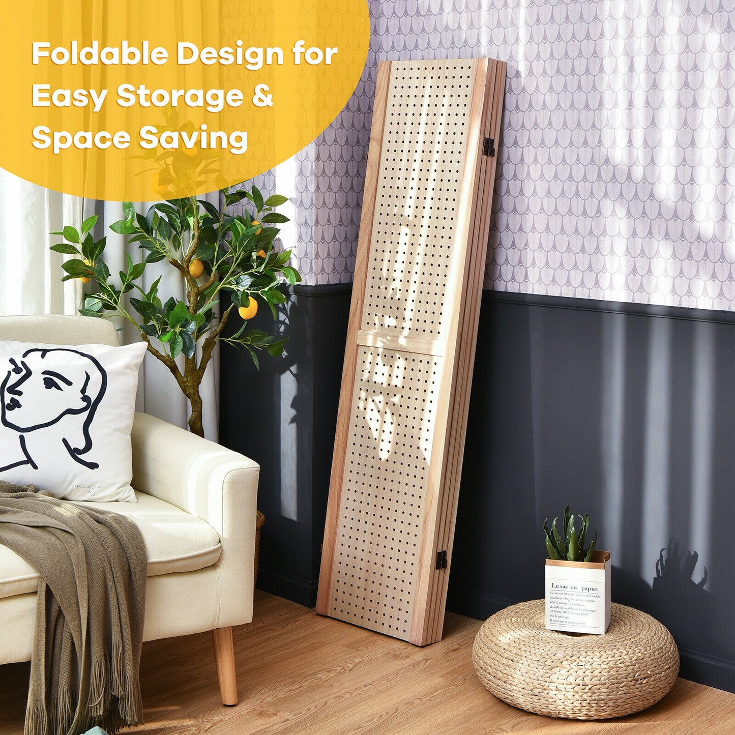 4 Panel 5 Foot Folding Pegboard Display Room Divider - Natural