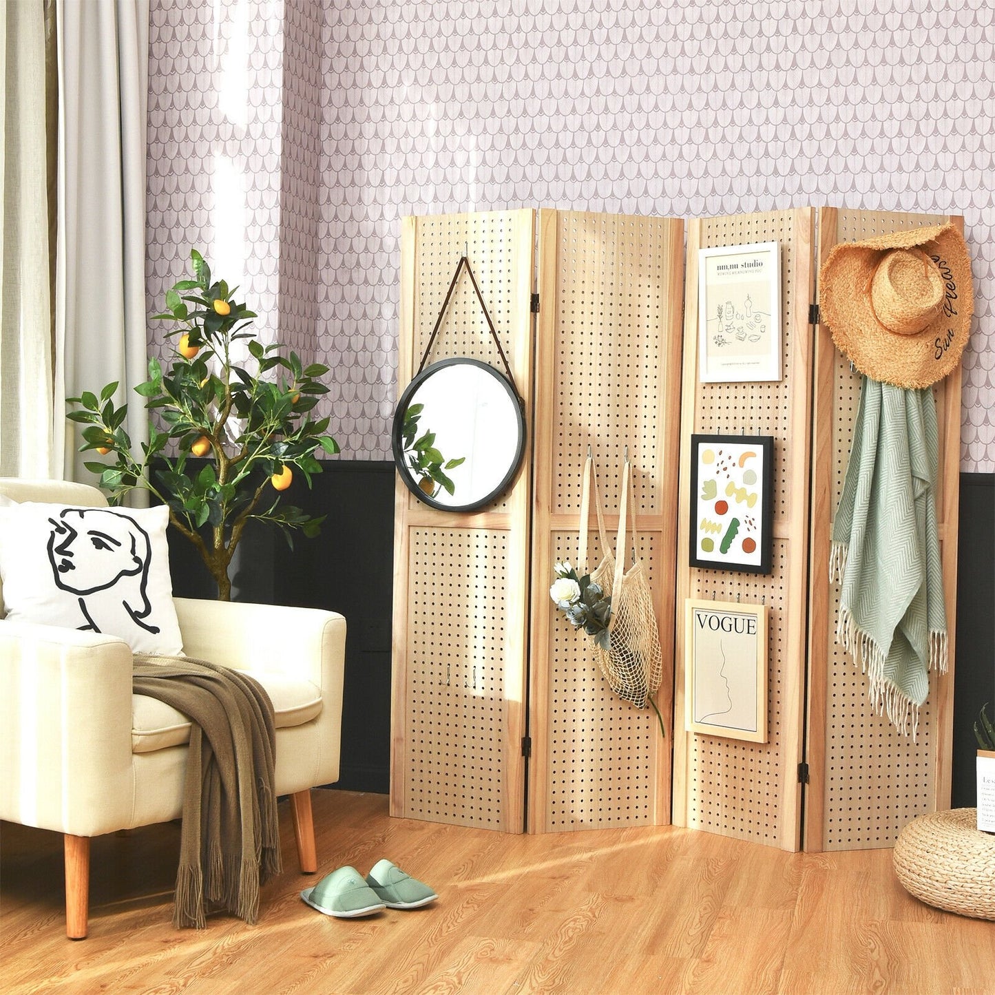 4 Panel 5 Foot Folding Pegboard Display Room Divider - Natural