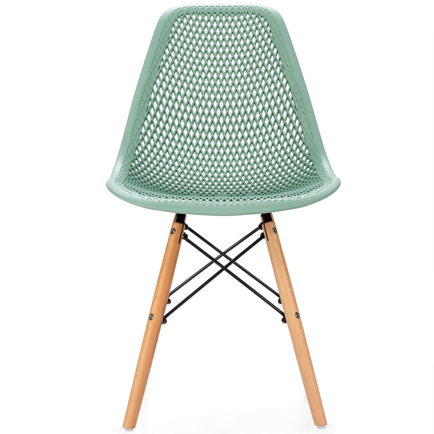 Set of 4 Modern Plastic Hollow Dining Chairs with Wooden Legs for Home and Office - Green