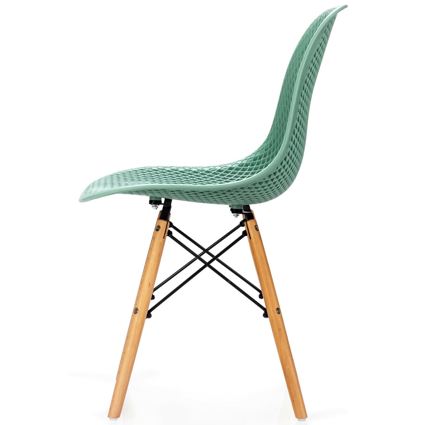 Set of 4 Modern Plastic Hollow Dining Chairs with Wooden Legs for Home and Office - Green