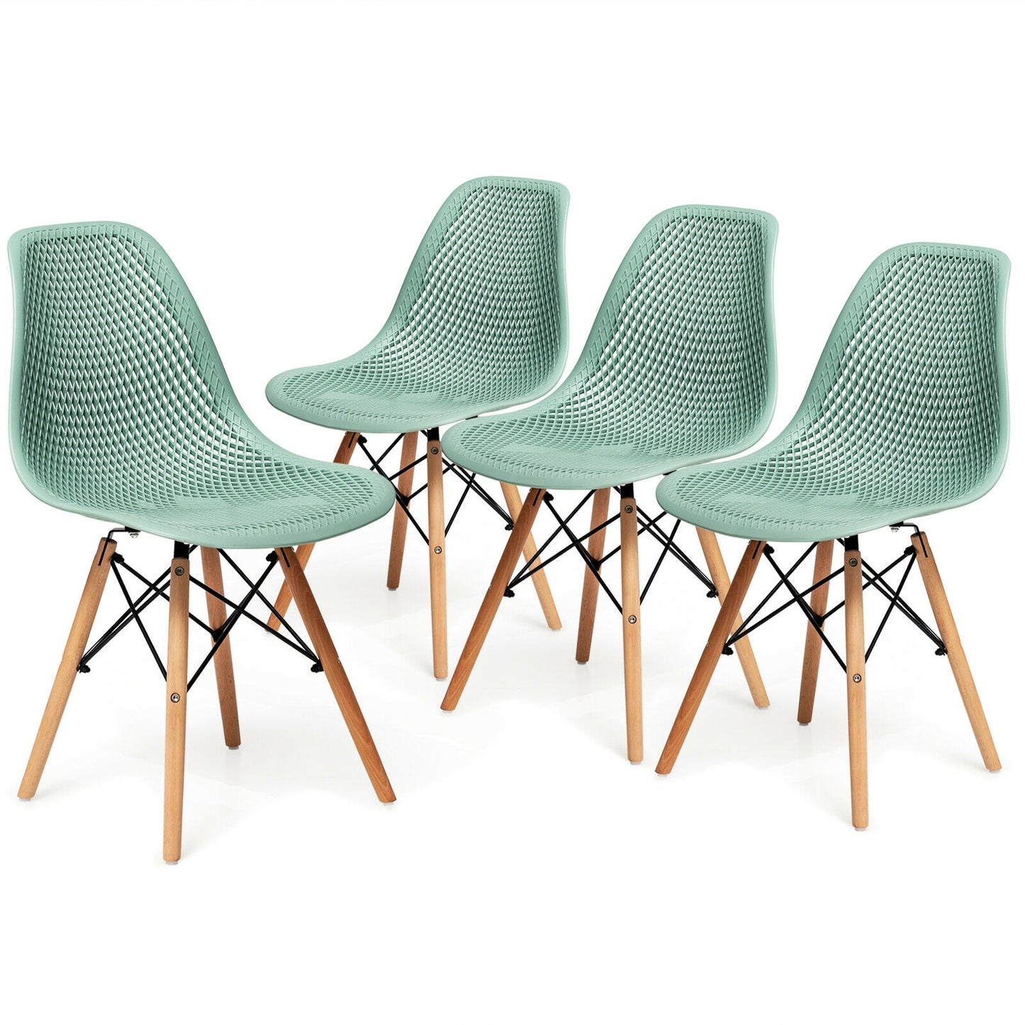 Set of 4 Modern Plastic Hollow Dining Chairs with Wooden Legs for Home and Office - Green