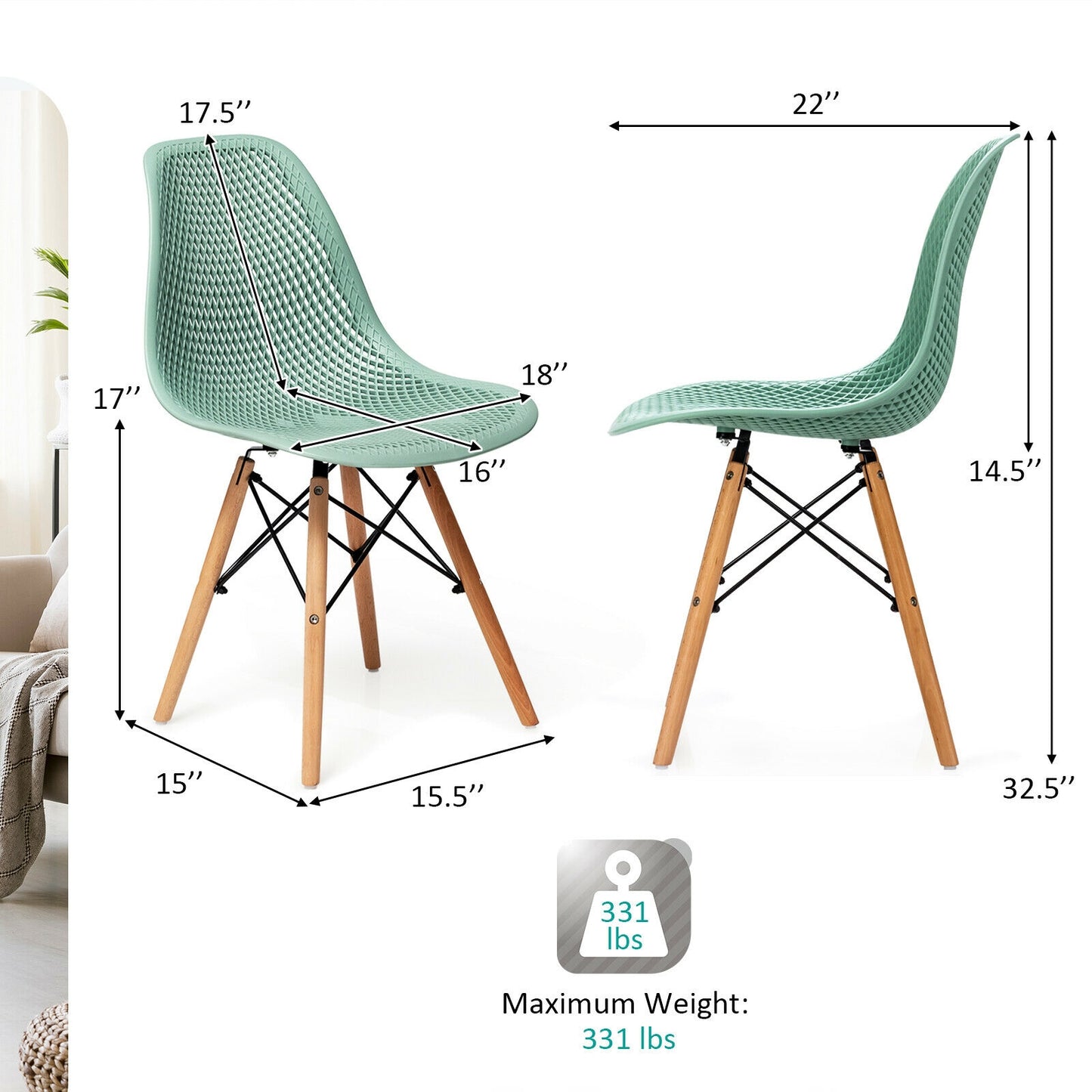 Set of 4 Modern Plastic Hollow Dining Chairs with Wooden Legs for Home and Office - Green