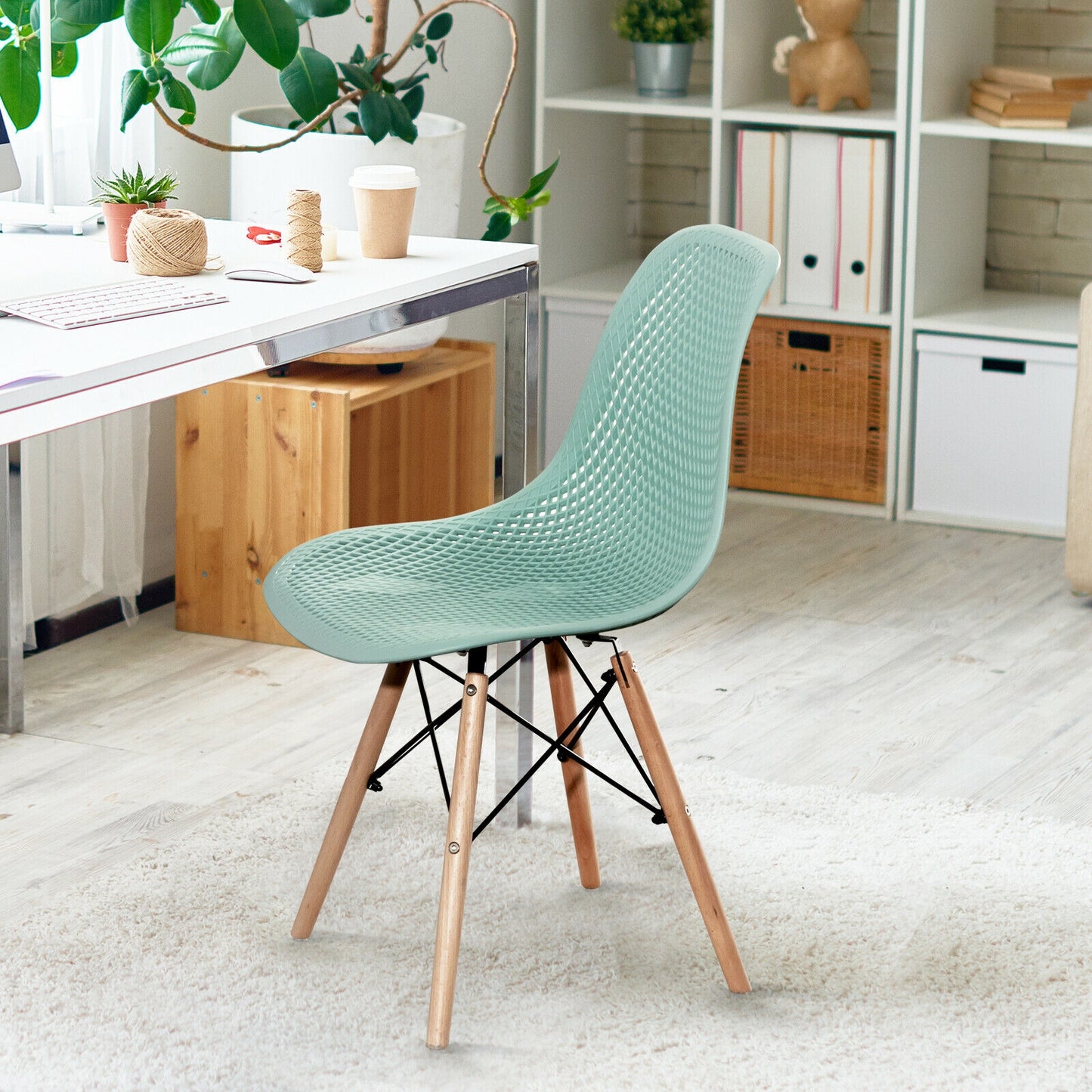 Set of 4 Modern Plastic Hollow Dining Chairs with Wooden Legs for Home and Office - Green
