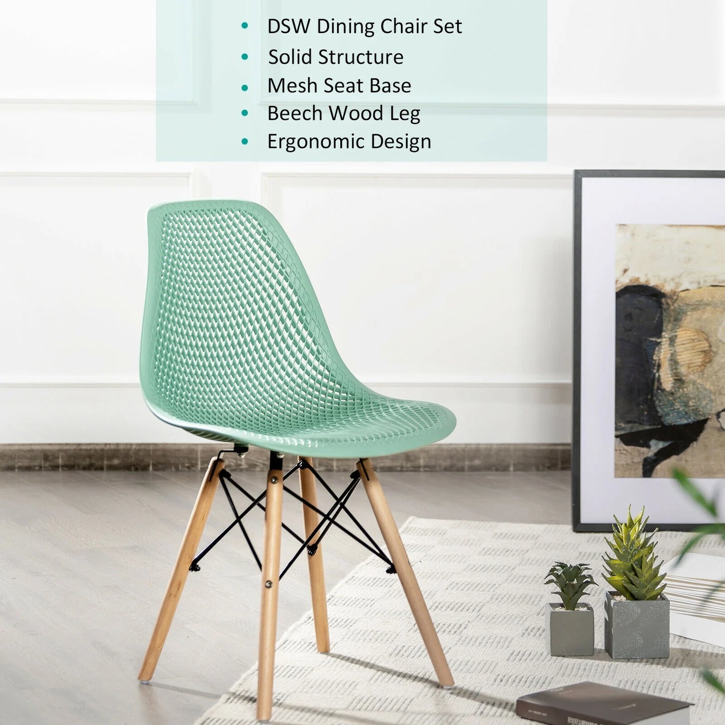 Set of 4 Modern Plastic Hollow Dining Chairs with Wooden Legs for Home and Office - Green