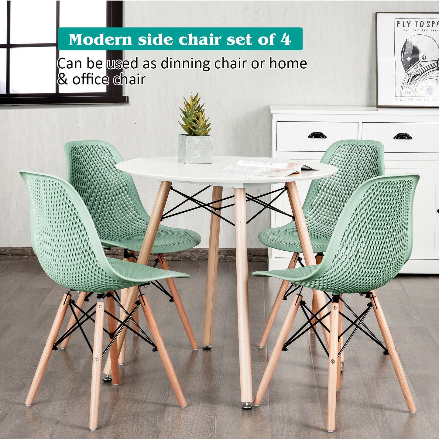 Set of 4 Modern Plastic Hollow Dining Chairs with Wooden Legs for Home and Office - Green