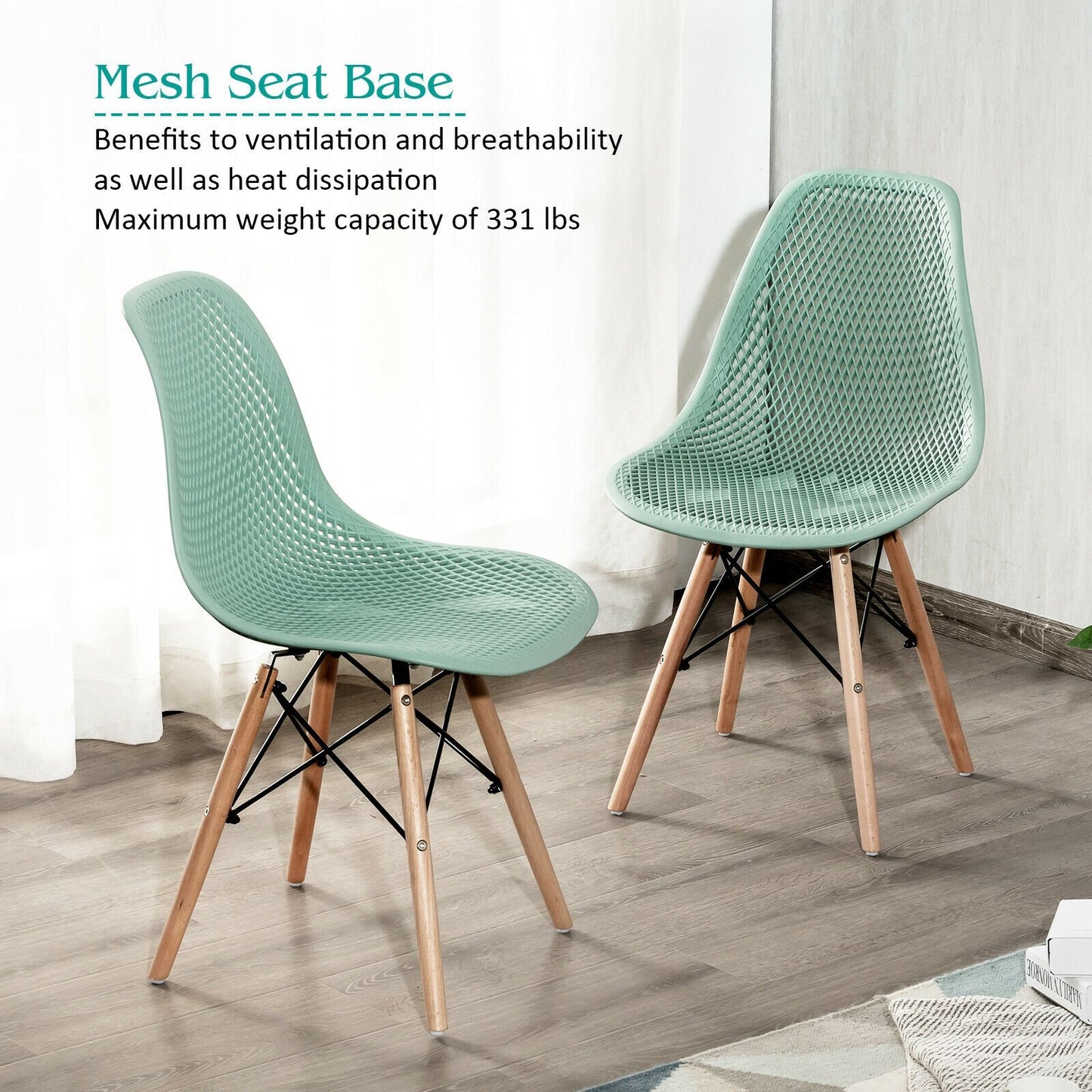 Set of 4 Modern Plastic Hollow Dining Chairs with Wooden Legs for Home and Office - Green