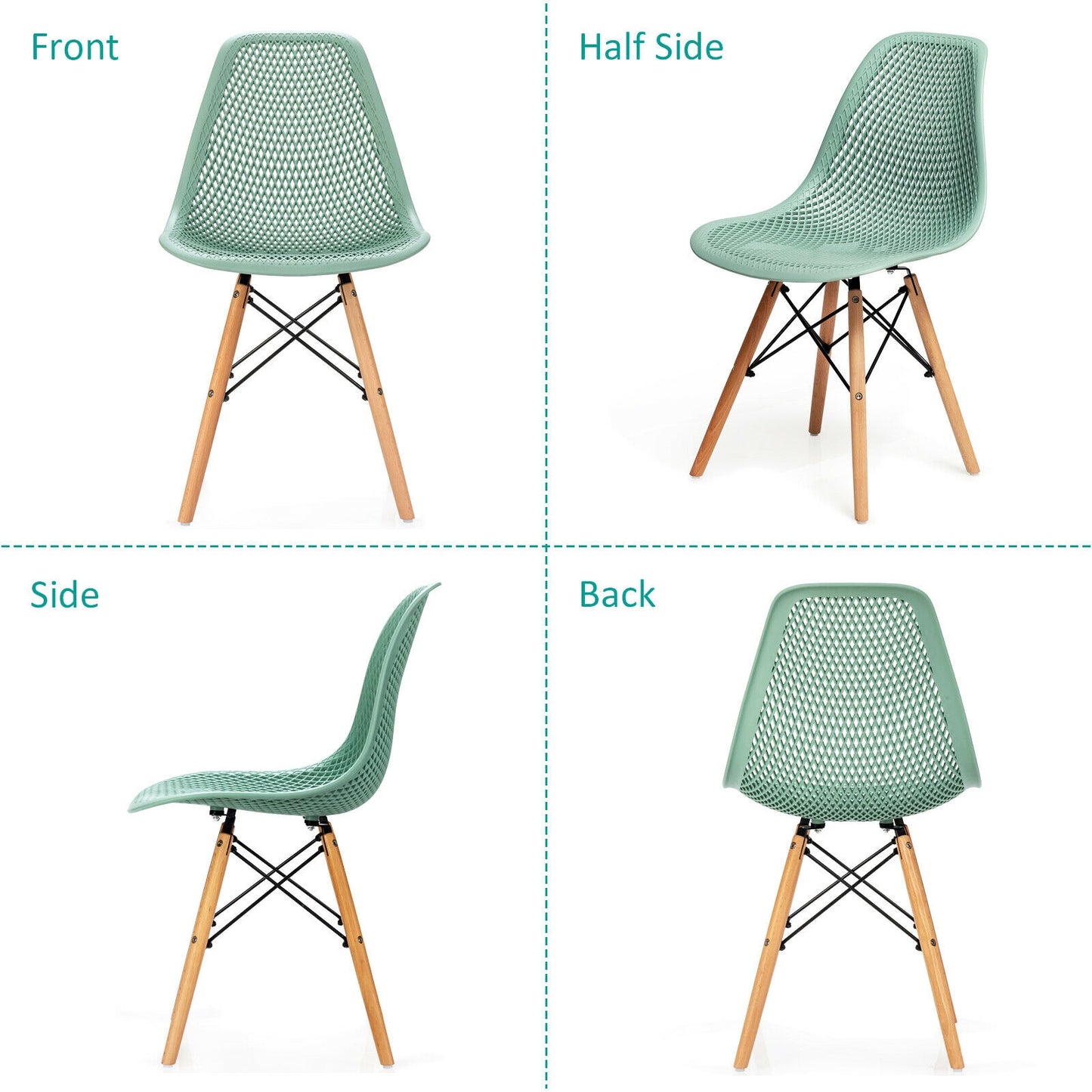 Set of 4 Modern Plastic Hollow Dining Chairs with Wooden Legs for Home and Office - Green