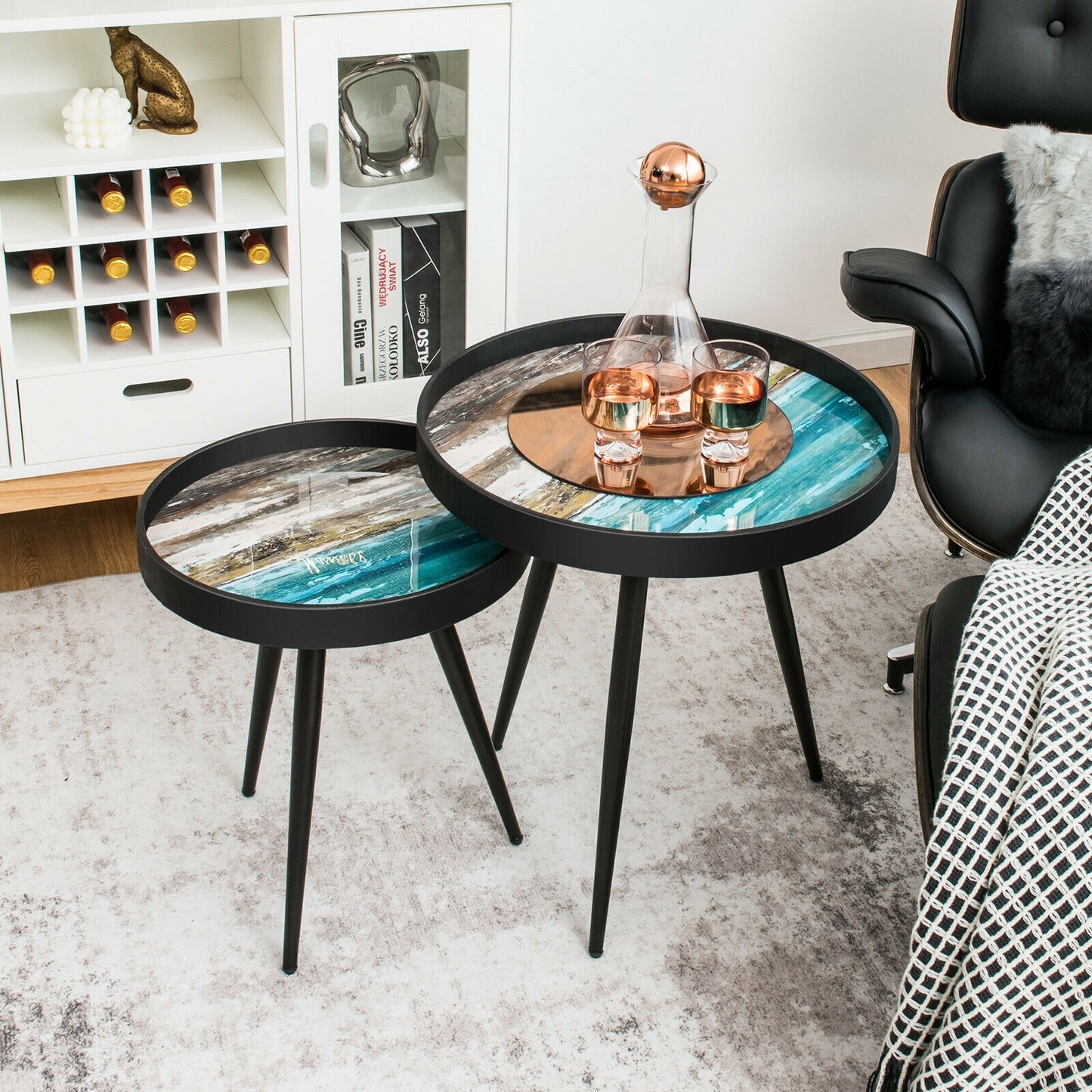 2 Piece Nesting End Table Set with Raised Tray Tops and Metal Legs for Living Room