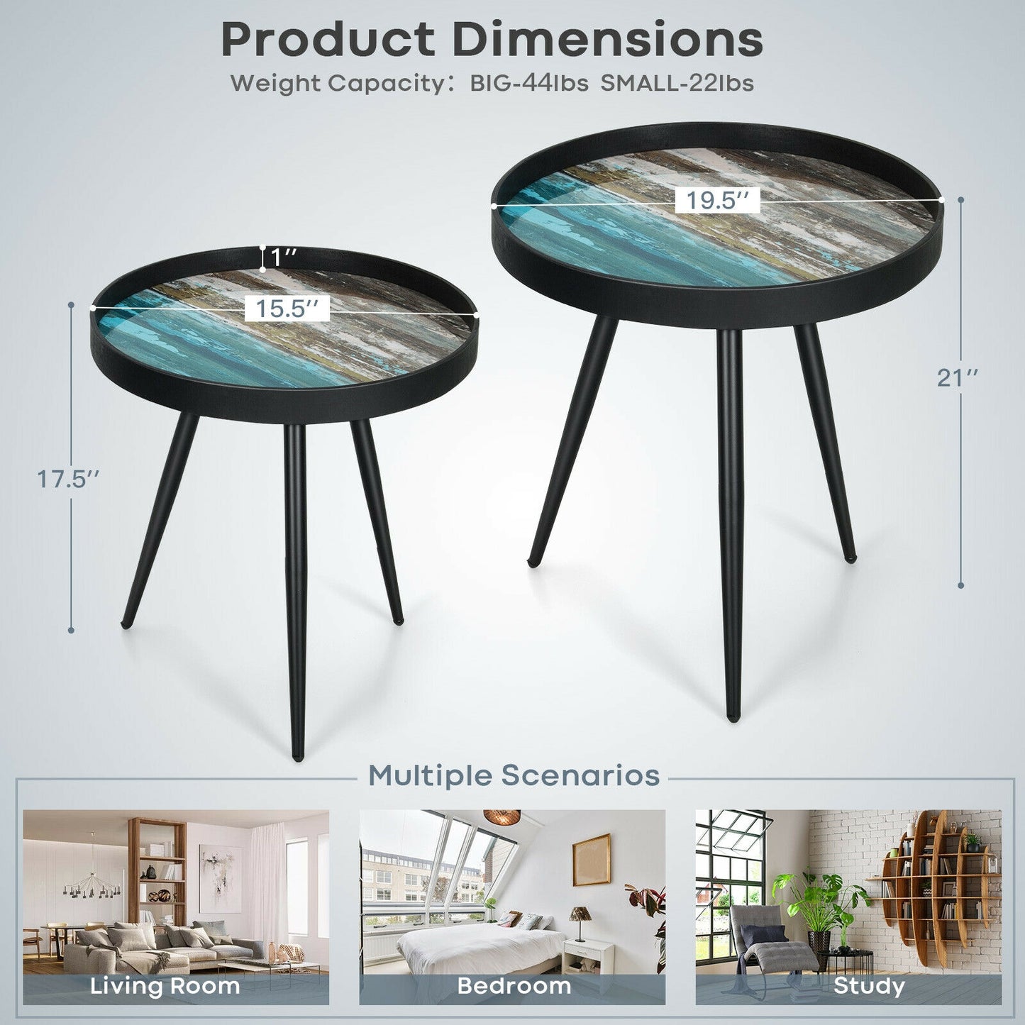 2 Piece Nesting End Table Set with Raised Tray Tops and Metal Legs for Living Room
