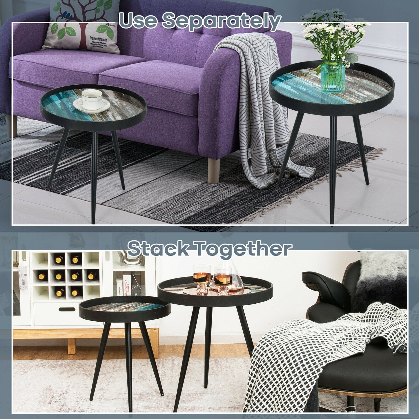 2 Piece Nesting End Table Set with Raised Tray Tops and Metal Legs for Living Room