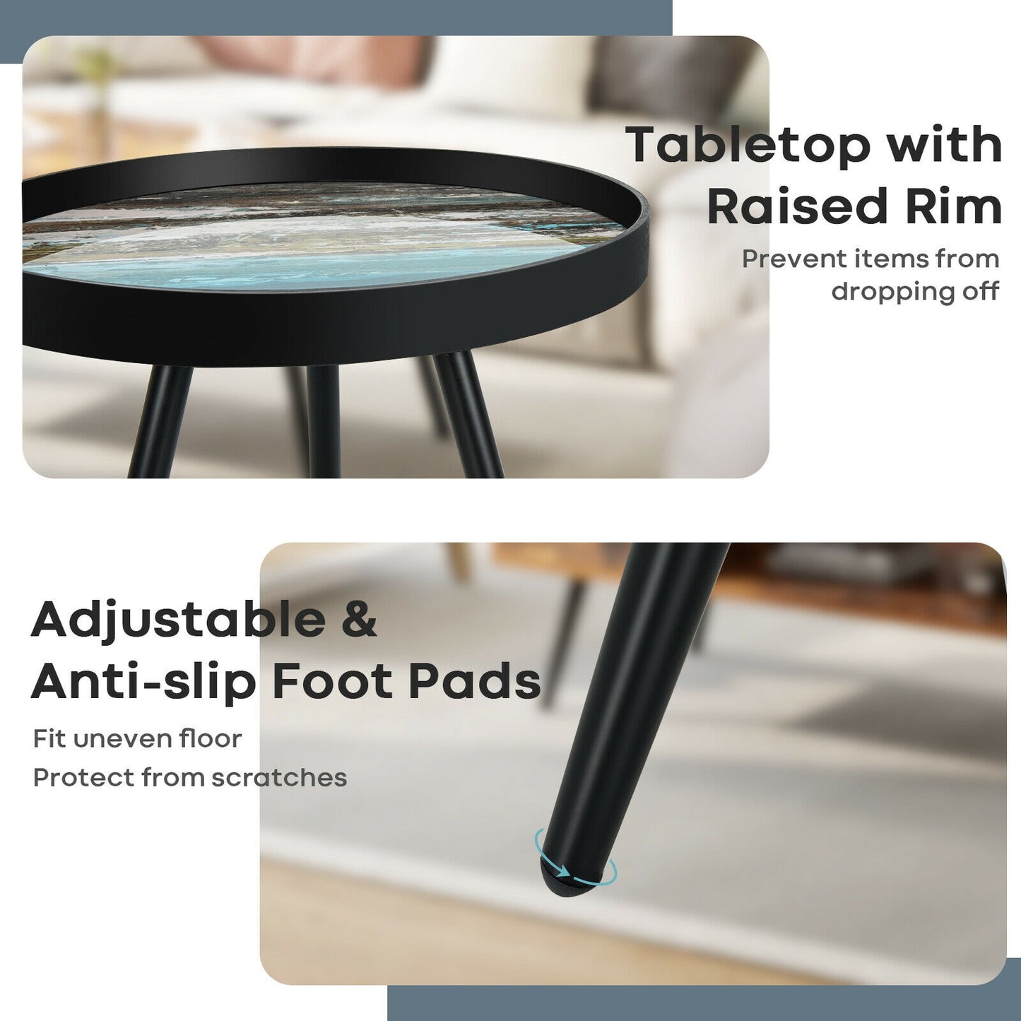 2 Piece Nesting End Table Set with Raised Tray Tops and Metal Legs for Living Room