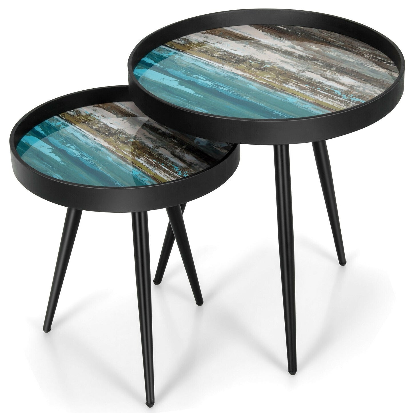 2 Piece Nesting End Table Set with Raised Tray Tops and Metal Legs for Living Room