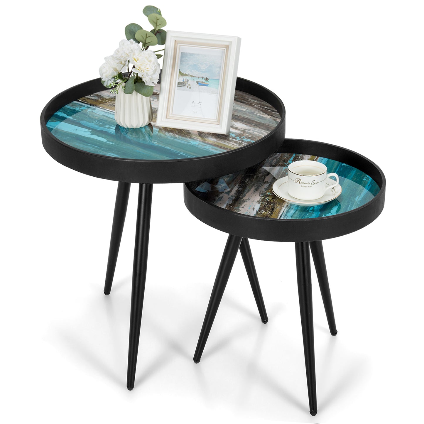 2 Piece Nesting End Table Set with Raised Tray Tops and Metal Legs for Living Room