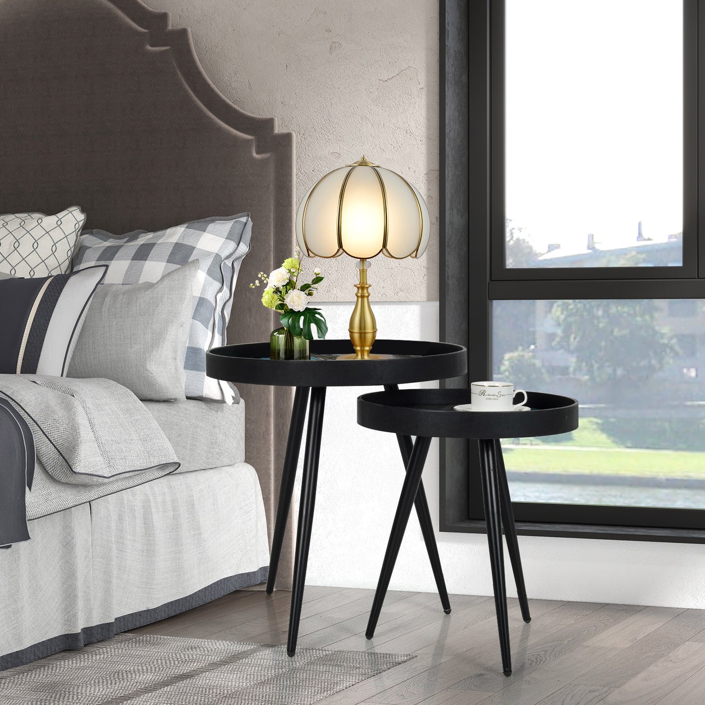2 Piece Nesting End Table Set with Raised Tray Tops and Metal Legs for Living Room