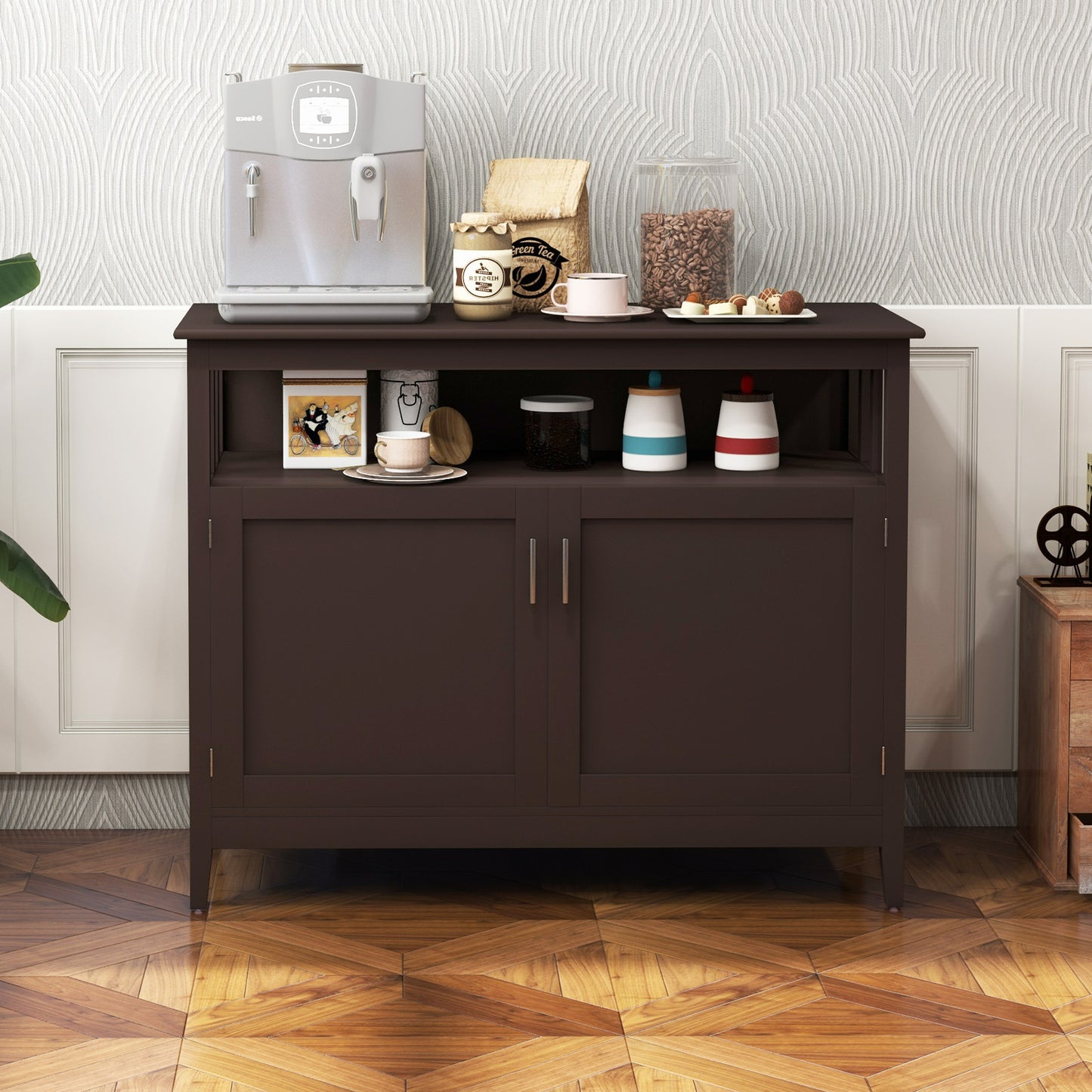 Modern Wooden Kitchen Storage Cabinet with Double Doors and Open Shelf - Brown