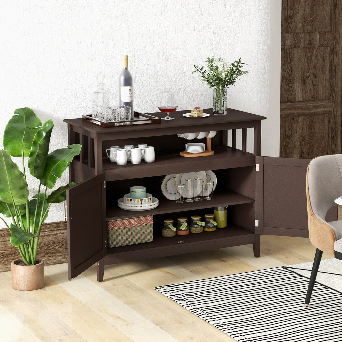 Modern Wooden Kitchen Storage Cabinet with Double Doors and Open Shelf - Brown