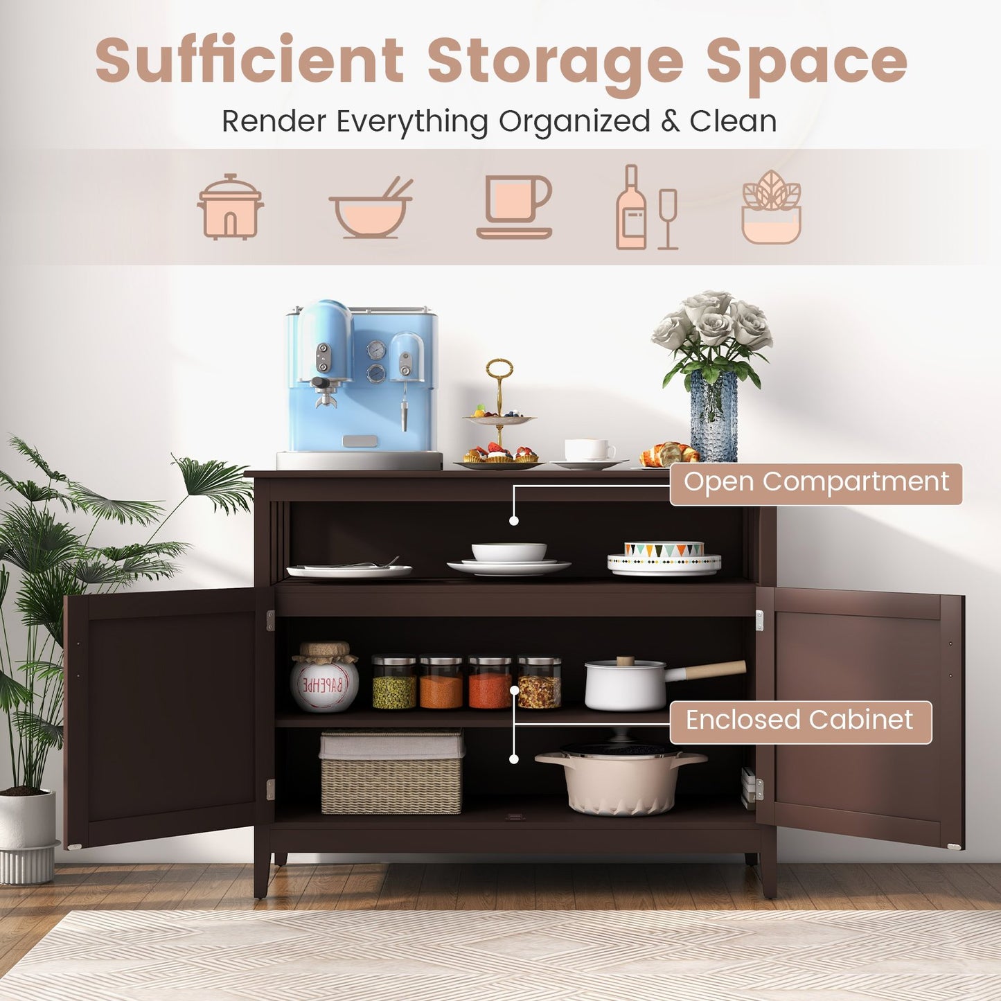 Modern Wooden Kitchen Storage Cabinet with Double Doors and Open Shelf - Brown