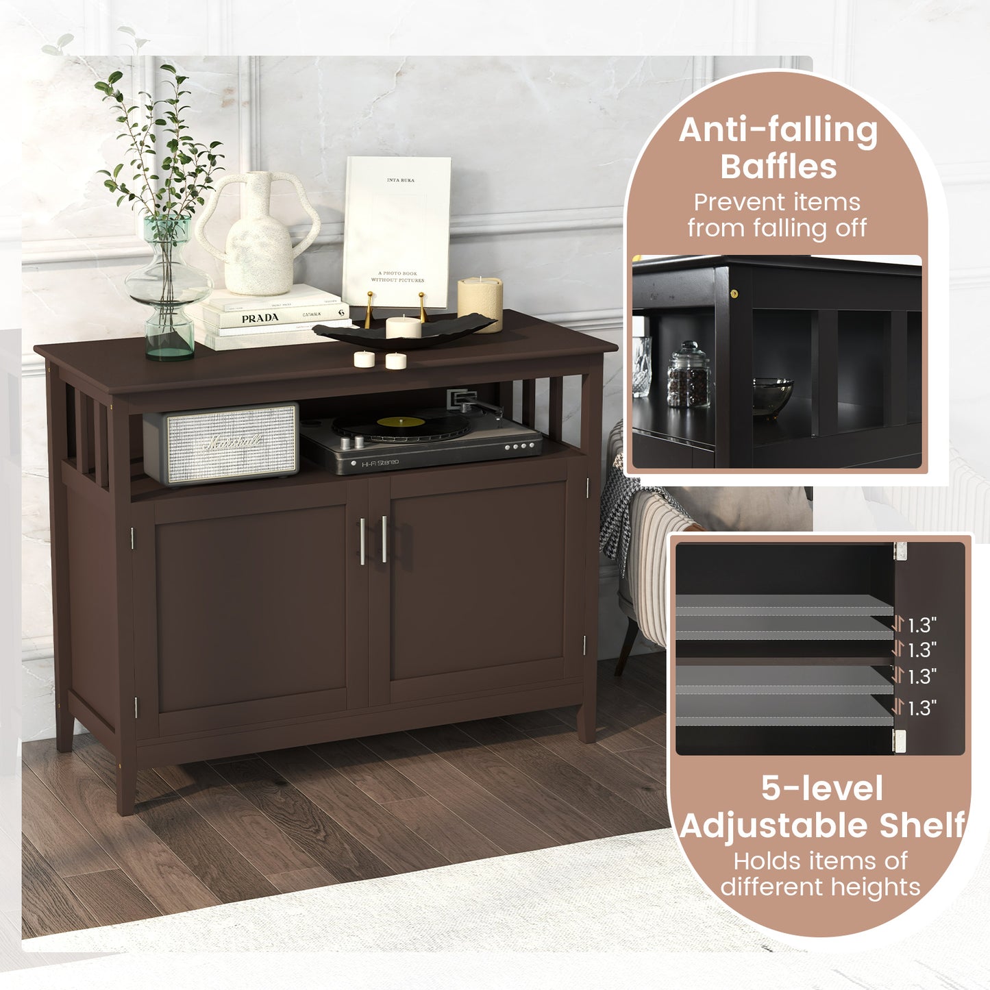 Modern Wooden Kitchen Storage Cabinet with Double Doors and Open Shelf - Brown