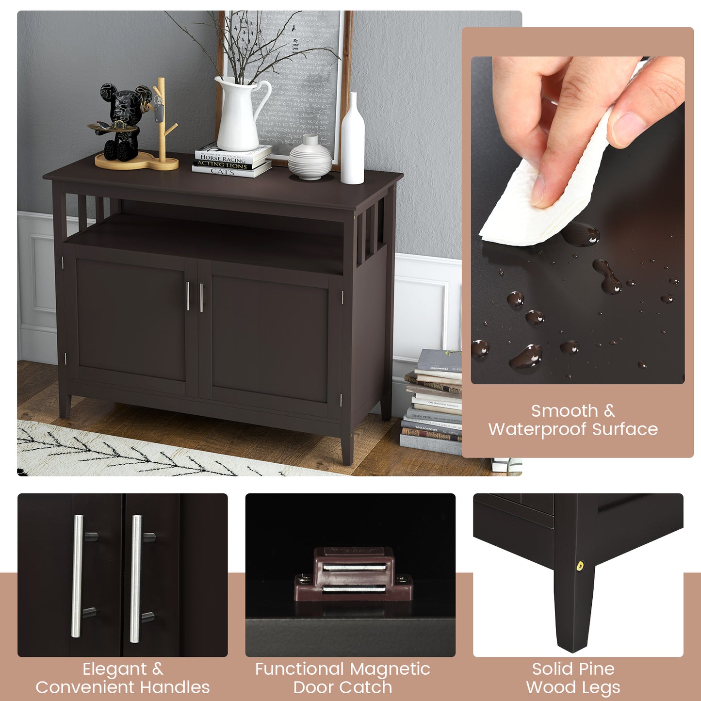 Modern Wooden Kitchen Storage Cabinet with Double Doors and Open Shelf - Brown