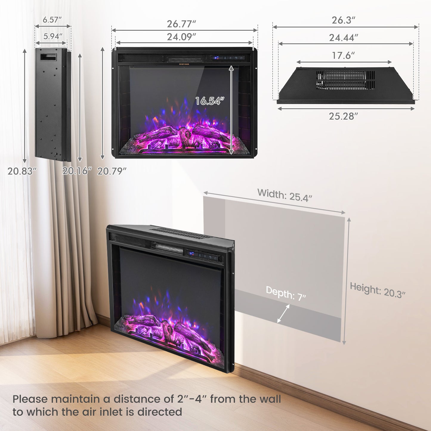 26 Inch Recessed Electric Fireplace with Customizable Flame Brightness