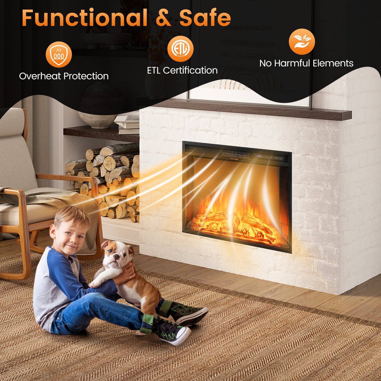 26 Inch Recessed Electric Fireplace with Customizable Flame Brightness