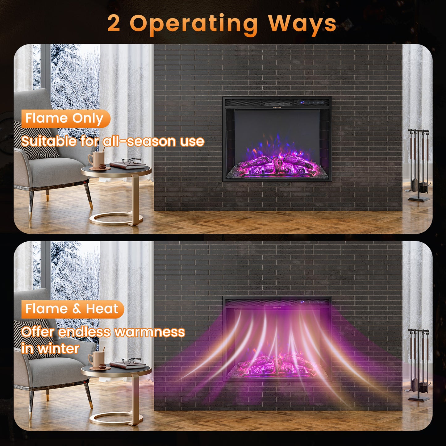 26 Inch Recessed Electric Fireplace with Customizable Flame Brightness