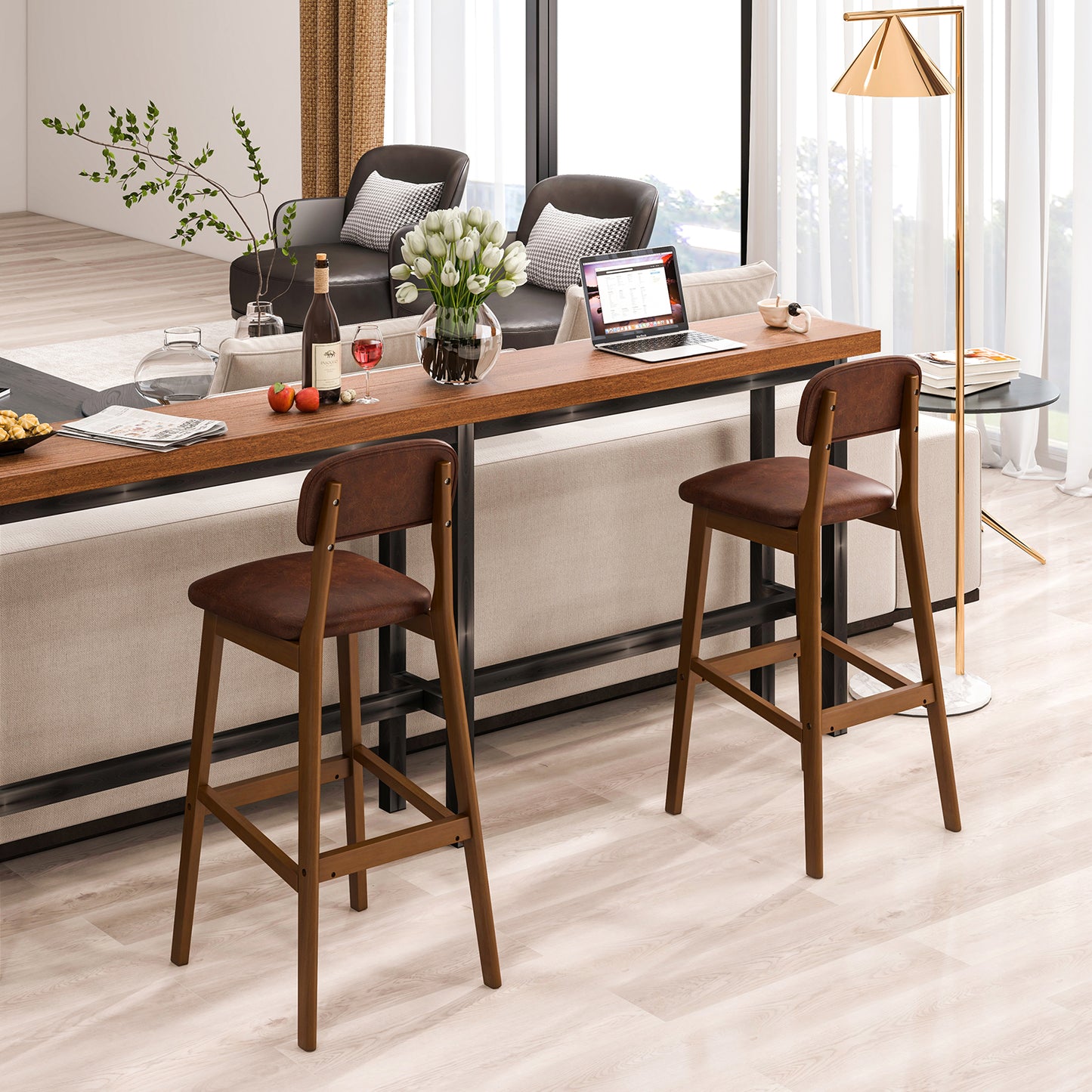 Set of 2 Counter Height PU Leather Bar Stools with Solid Wood Legs, 29 Inch