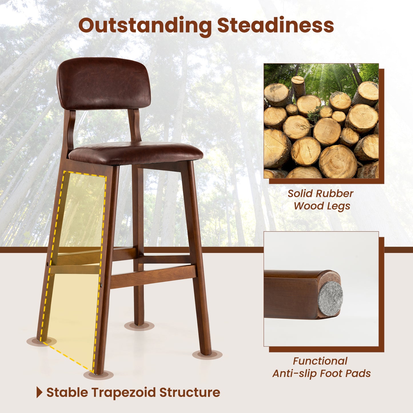 Set of 2 Counter Height PU Leather Bar Stools with Solid Wood Legs, 29 Inch