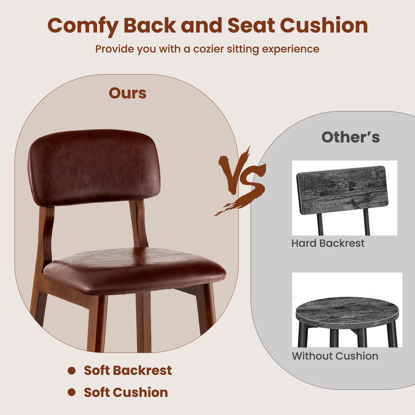 Set of 2 Counter Height PU Leather Bar Stools with Solid Wood Legs, 29 Inch