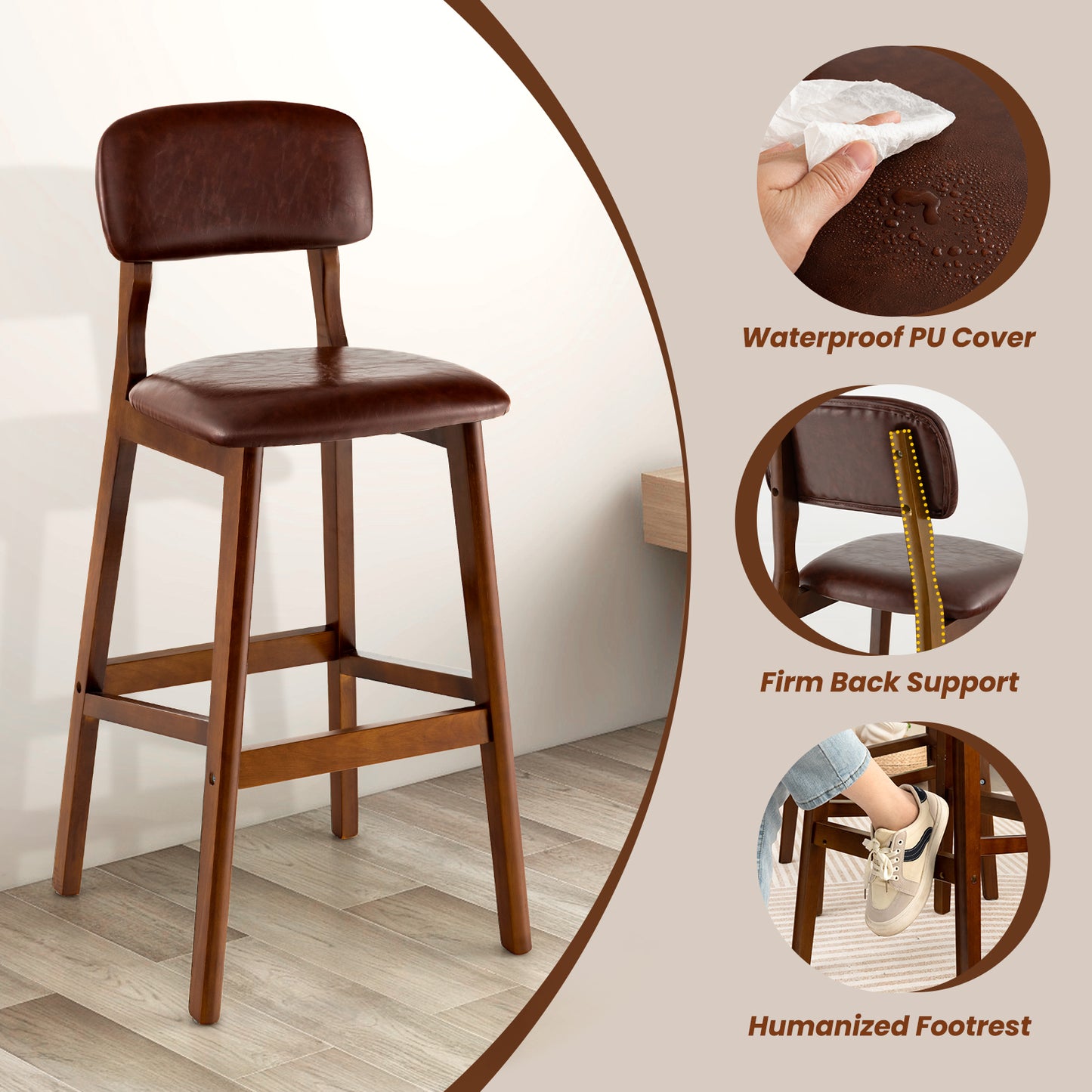 Set of 2 Counter Height PU Leather Bar Stools with Solid Wood Legs, 29 Inch