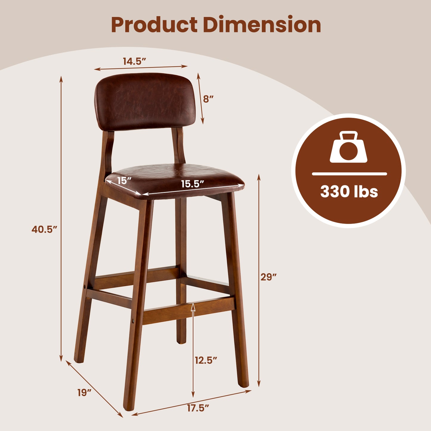 Set of 2 Counter Height PU Leather Bar Stools with Solid Wood Legs, 29 Inch