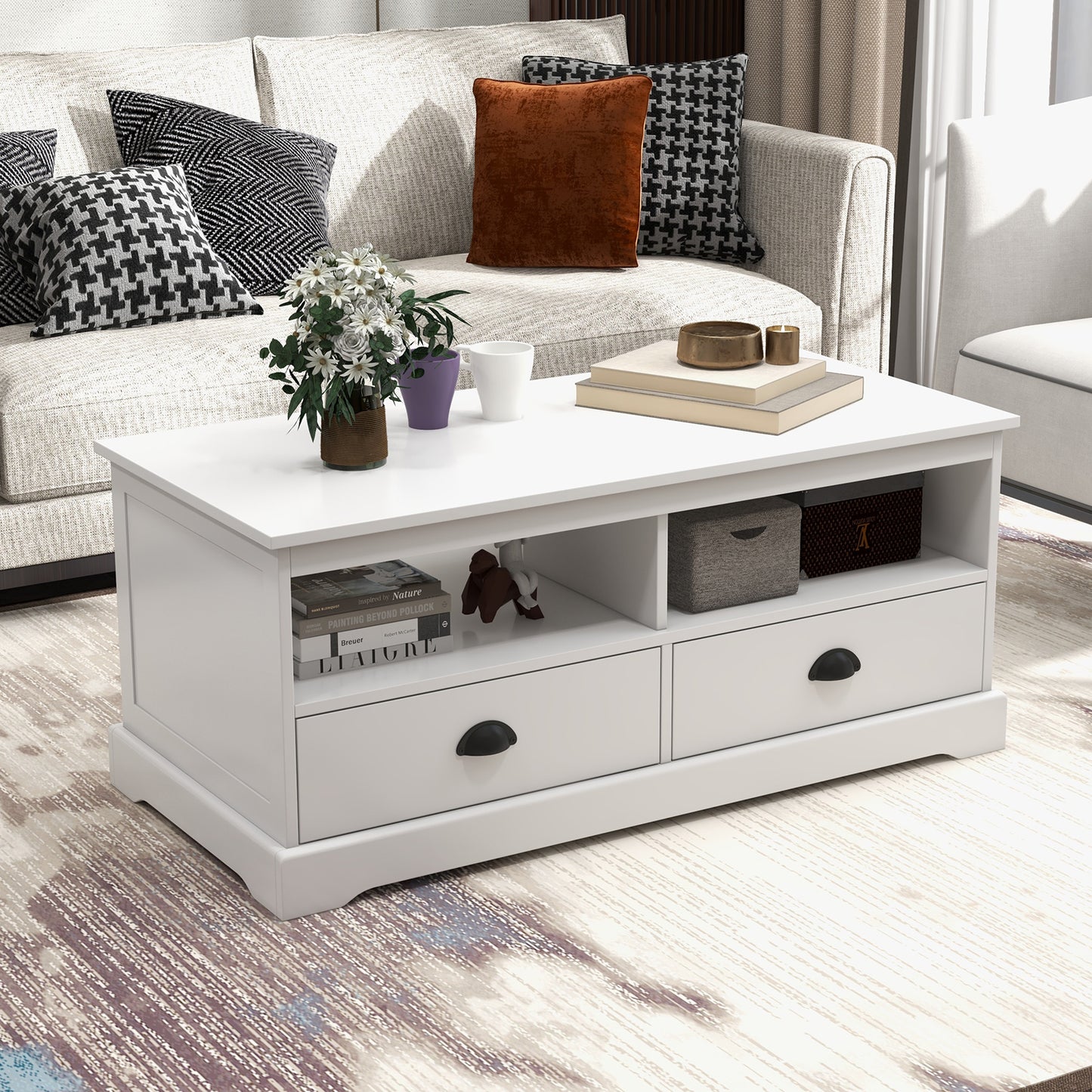 Modern Coffee Table with Spacious Drawers and Open Storage Cubes