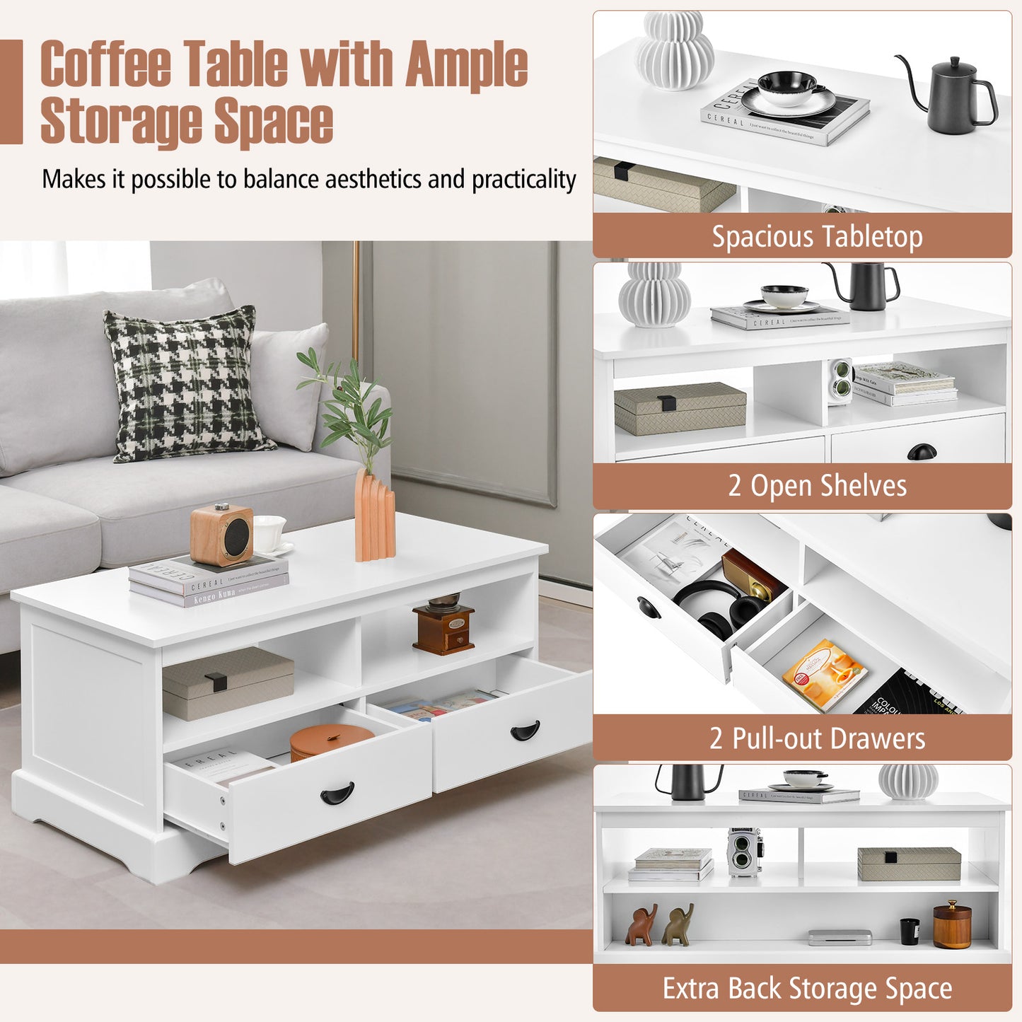 Modern Coffee Table with Spacious Drawers and Open Storage Cubes