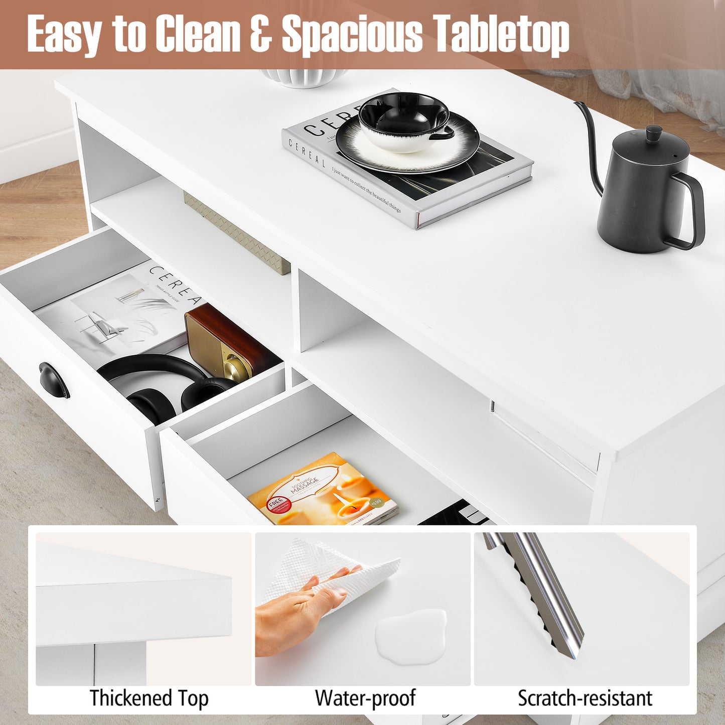 Modern Coffee Table with Spacious Drawers and Open Storage Cubes