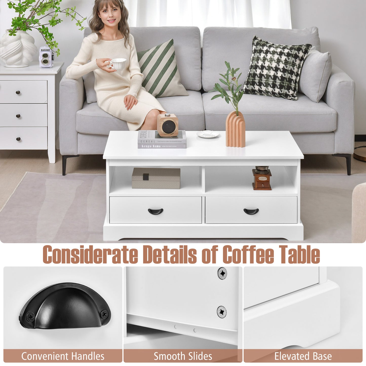 Modern Coffee Table with Spacious Drawers and Open Storage Cubes