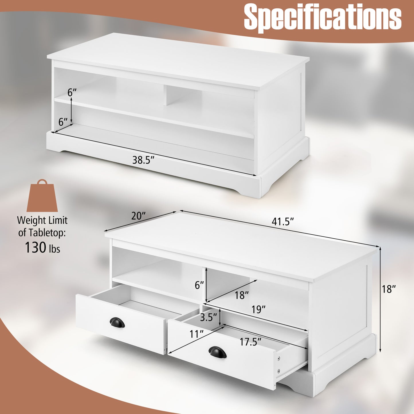 Modern Coffee Table with Spacious Drawers and Open Storage Cubes