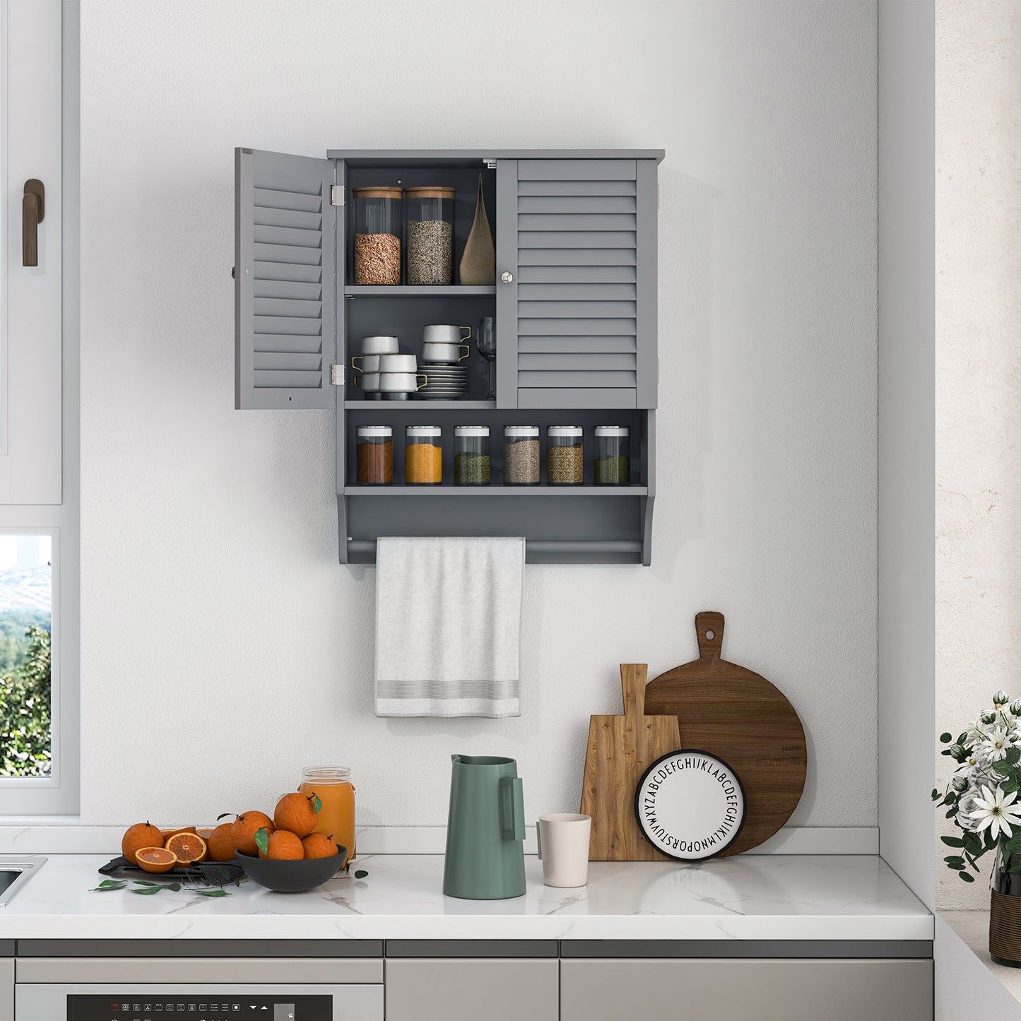 Wall-Mounted Bathroom Medicine Cabinet with 2 Doors, Adjustable Shelf & Towel Bar