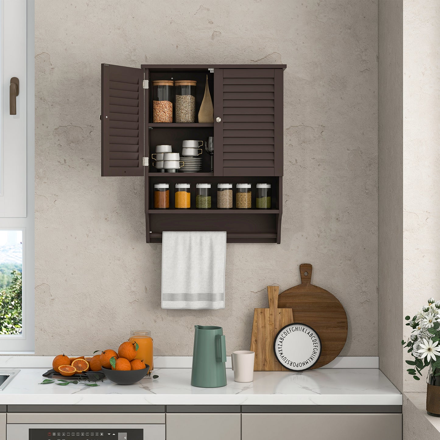 Wall-Mounted Bathroom Medicine Cabinet with 2 Doors, Adjustable Shelf & Towel Bar
