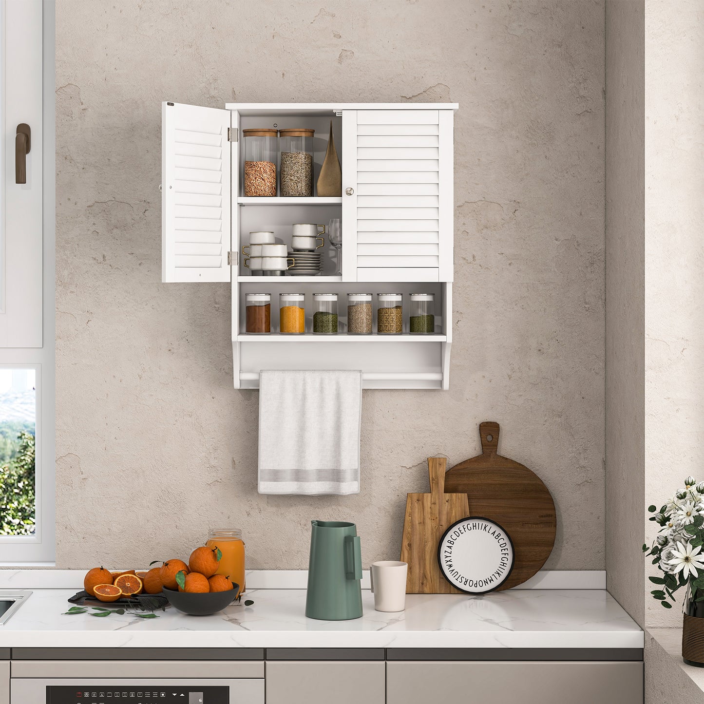 Wall-Mounted Bathroom Medicine Cabinet with 2 Doors, Adjustable Shelf & Towel Bar